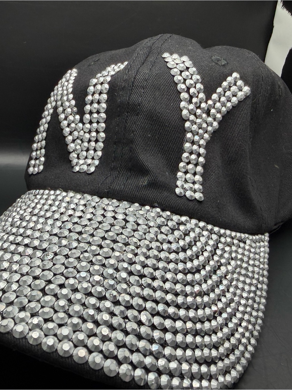 NWT Black Baseball Cap Silver Studs NY Rhinestone Brim Hat